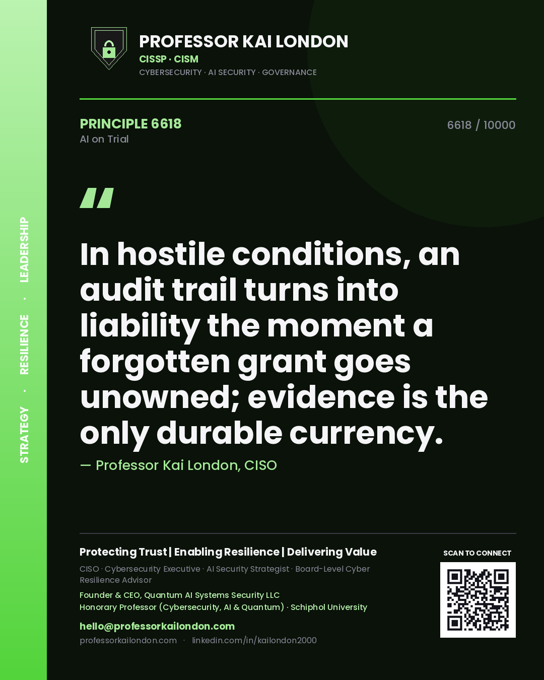 Quote card by Professor Kai London reading 'In hostile conditions, an audit trail turns into liability the moment a forgotten grant goes unowned; evidence is the only durable currency.'. From the book AI on Trial.