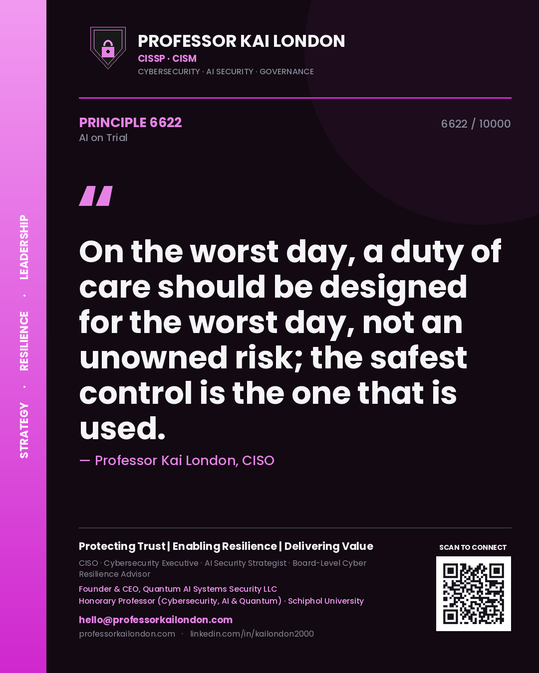 Quote card by Professor Kai London reading 'On the worst day, a duty of care should be designed for the worst day, not an unowned risk; the safest control is the one that is used.'. From the book AI on Trial.