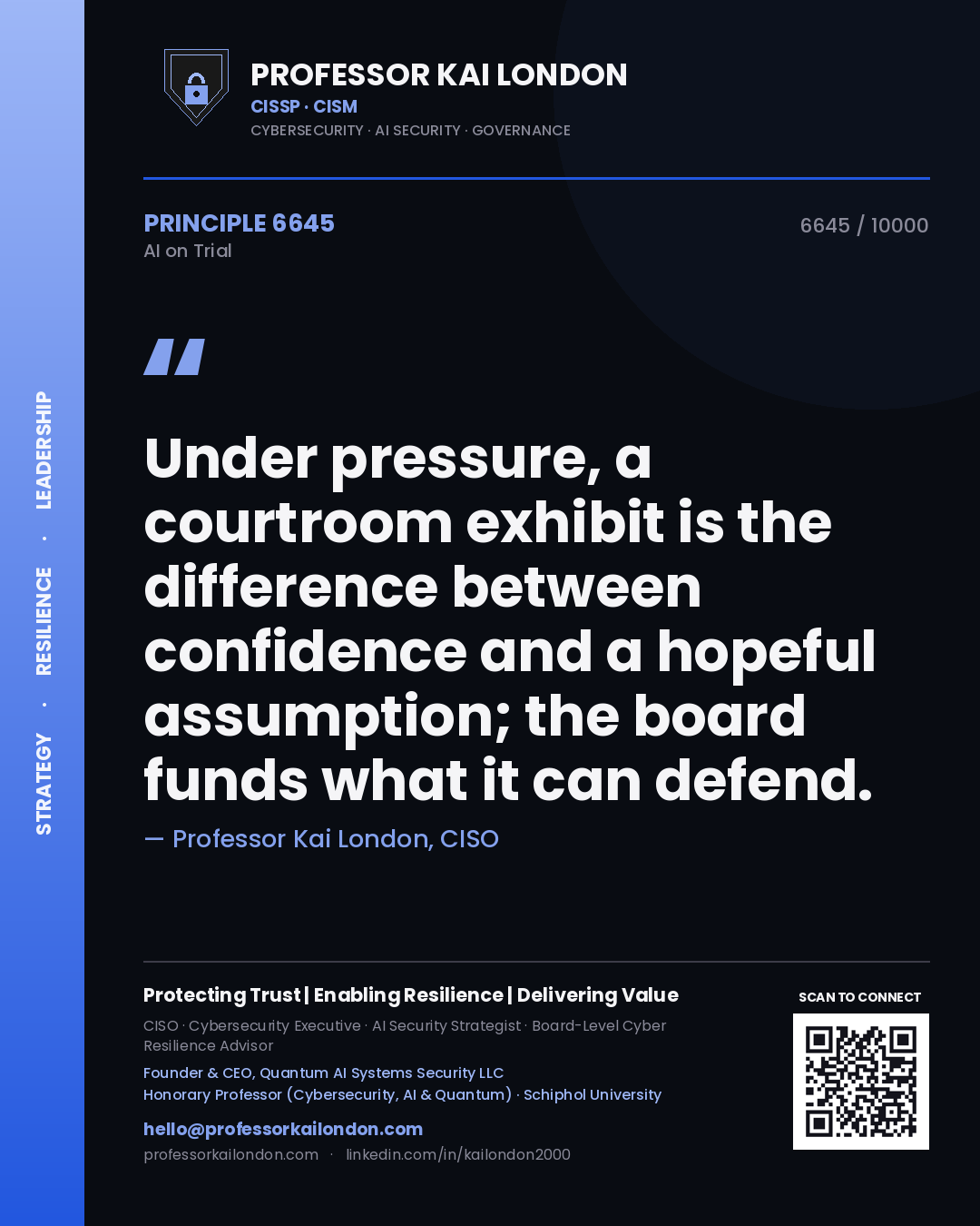 Quote card by Professor Kai London reading 'Under pressure, a courtroom exhibit is the difference between confidence and a hopeful assumption; the board funds what it can defend.'. From the book AI on Trial.