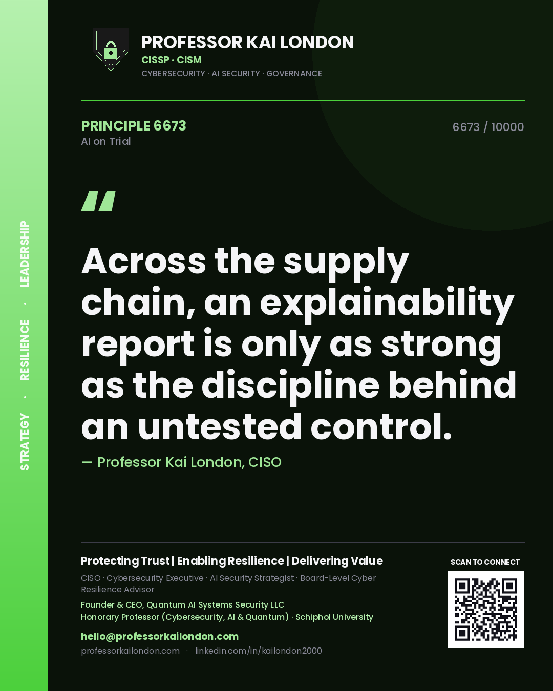 Quote card by Professor Kai London reading 'Across the supply chain, an explainability report is only as strong as the discipline behind an untested control.'. From the book AI on Trial.
