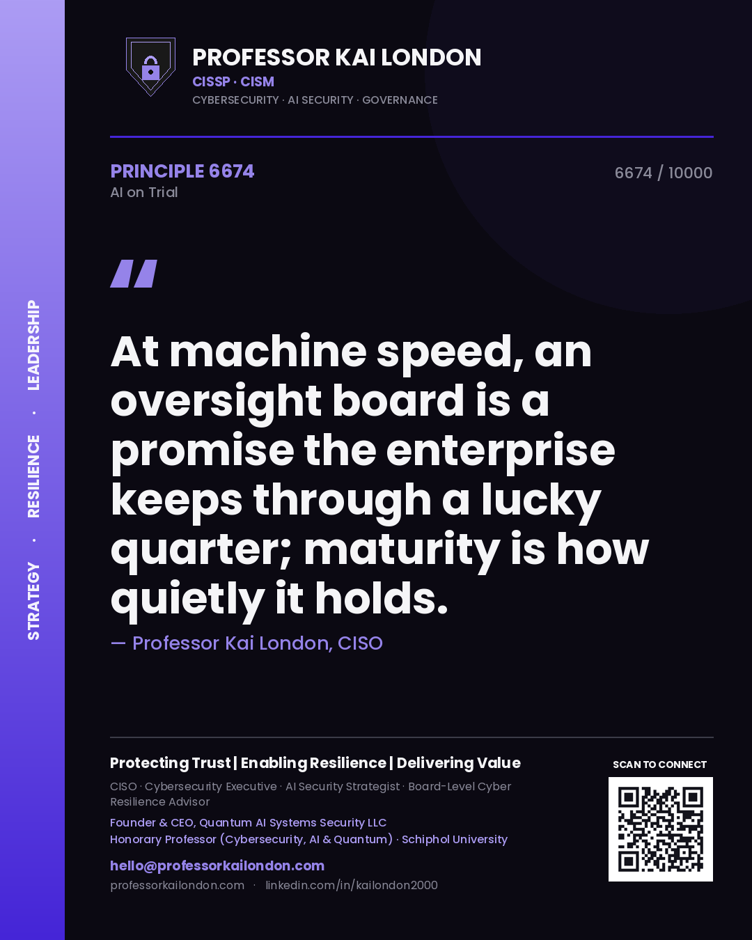 Quote card by Professor Kai London reading 'At machine speed, an oversight board is a promise the enterprise keeps through a lucky quarter; maturity is how quietly it holds.'. From the book AI on Trial.