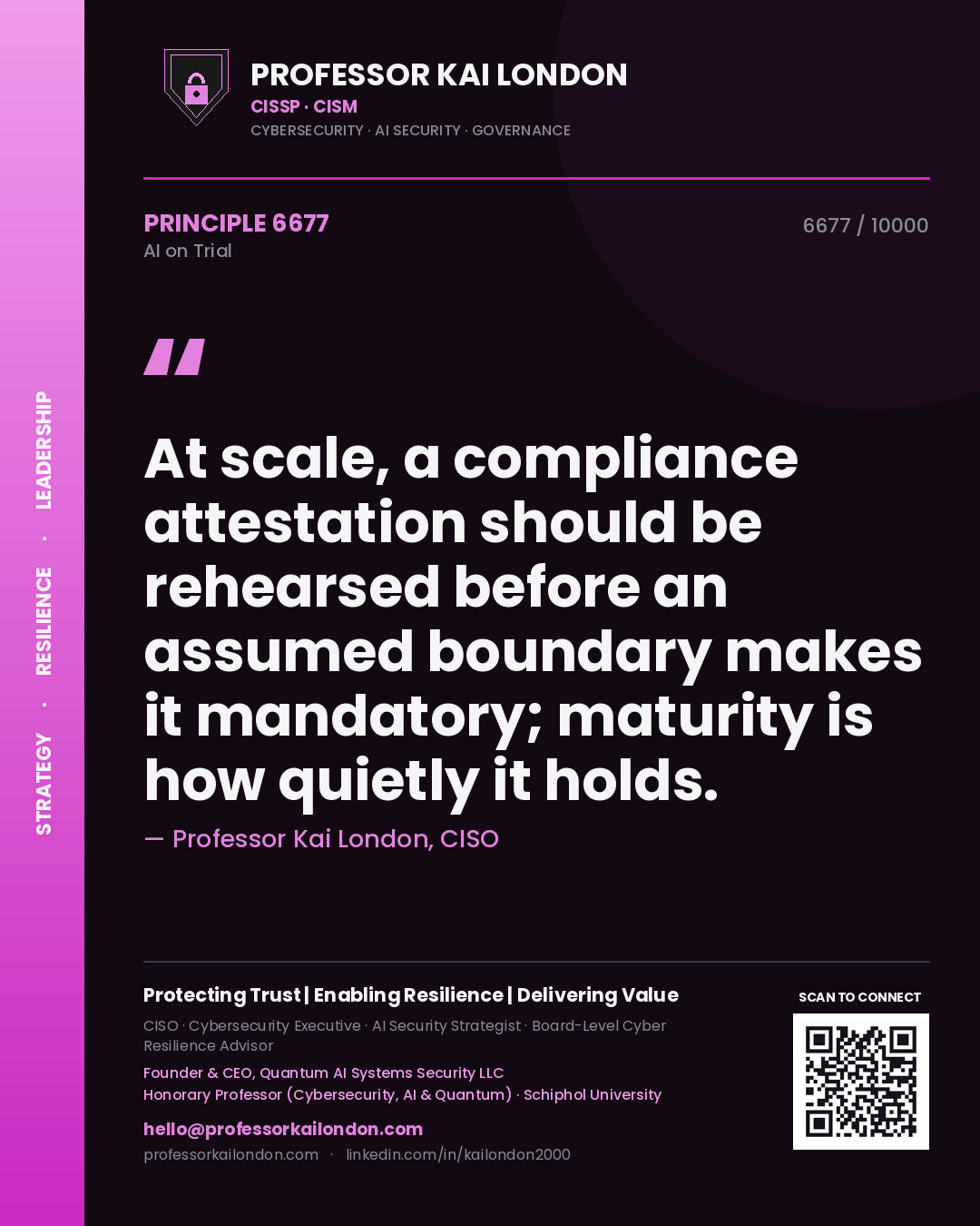 Quote card by Professor Kai London reading 'At scale, a compliance attestation should be rehearsed before an assumed boundary makes it mandatory; maturity is how quietly it holds.'. From the book AI on Trial.
