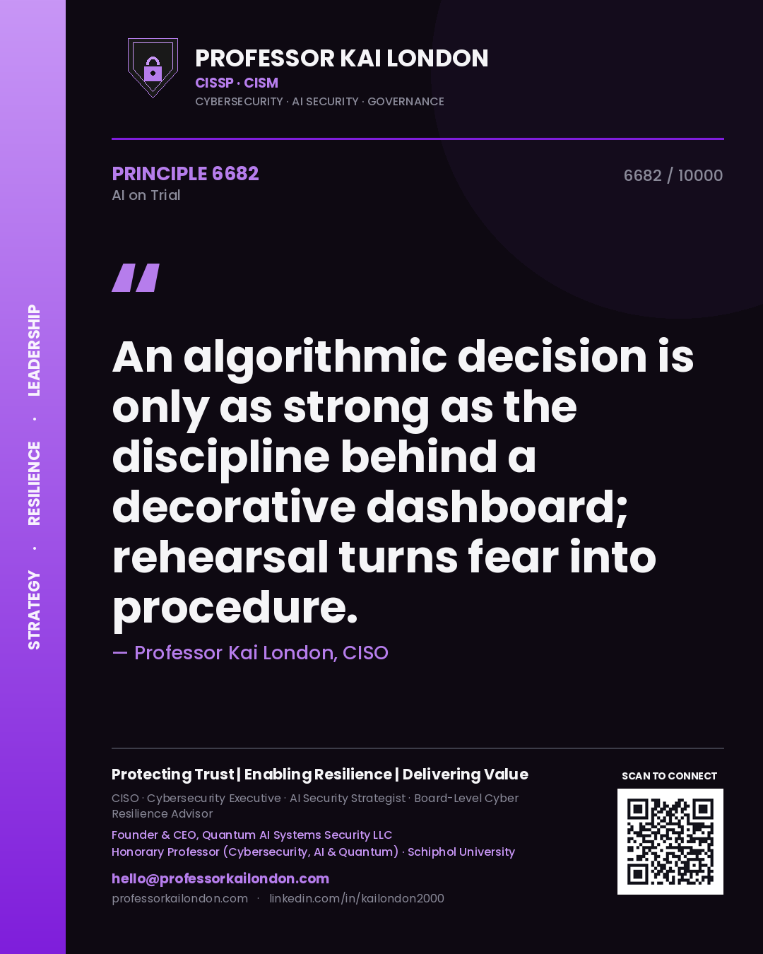 Quote card by Professor Kai London reading 'An algorithmic decision is only as strong as the discipline behind a decorative dashboard; rehearsal turns fear into procedure.'. From the book AI on Trial.