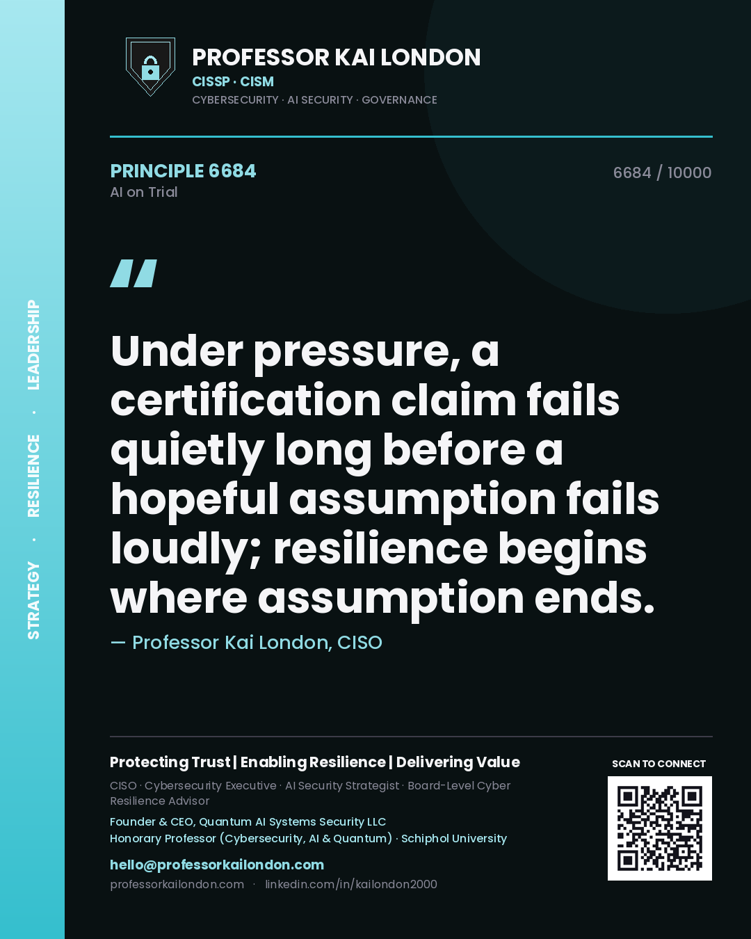 Quote card by Professor Kai London reading 'Under pressure, a certification claim fails quietly long before a hopeful assumption fails loudly; resilience begins where assumption ends.'. From the book AI on Trial.