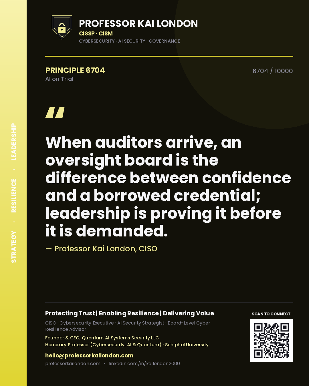 Professor Kai London principle 6704: When auditors arrive, an oversight board is the difference between confidence and a borrowed credential; leadership is proving it before it is demanded.