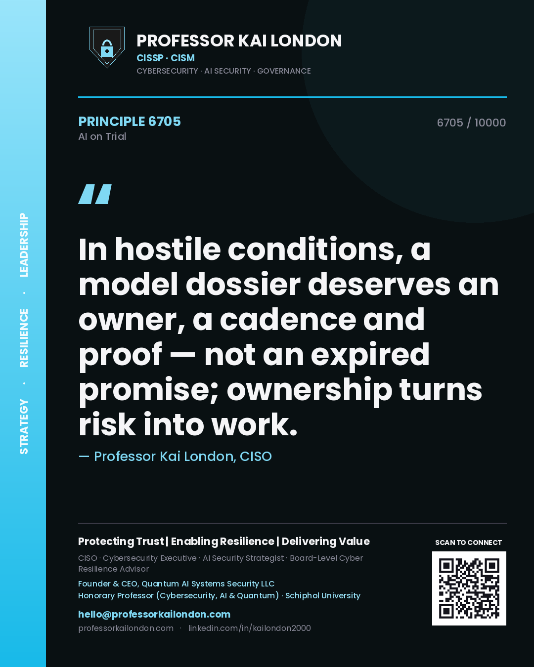 Quote card by Professor Kai London reading 'In hostile conditions, a model dossier deserves an owner, a cadence and proof — not an expired promise; ownership turns risk into work.'. From the book AI on Trial.