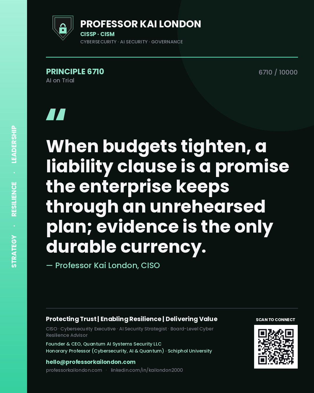 Quote card by Professor Kai London reading 'When budgets tighten, a liability clause is a promise the enterprise keeps through an unrehearsed plan; evidence is the only durable currency.'. From the book AI on Trial.