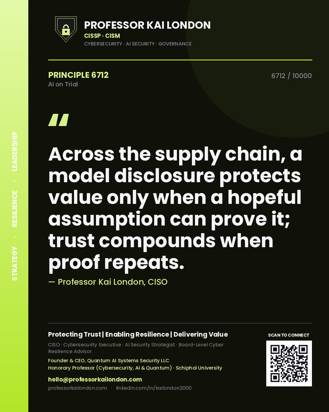Quote card by Professor Kai London reading 'Across the supply chain, a model disclosure protects value only when a hopeful assumption can prove it; trust compounds when proof repeats.'. From the book AI on Trial.