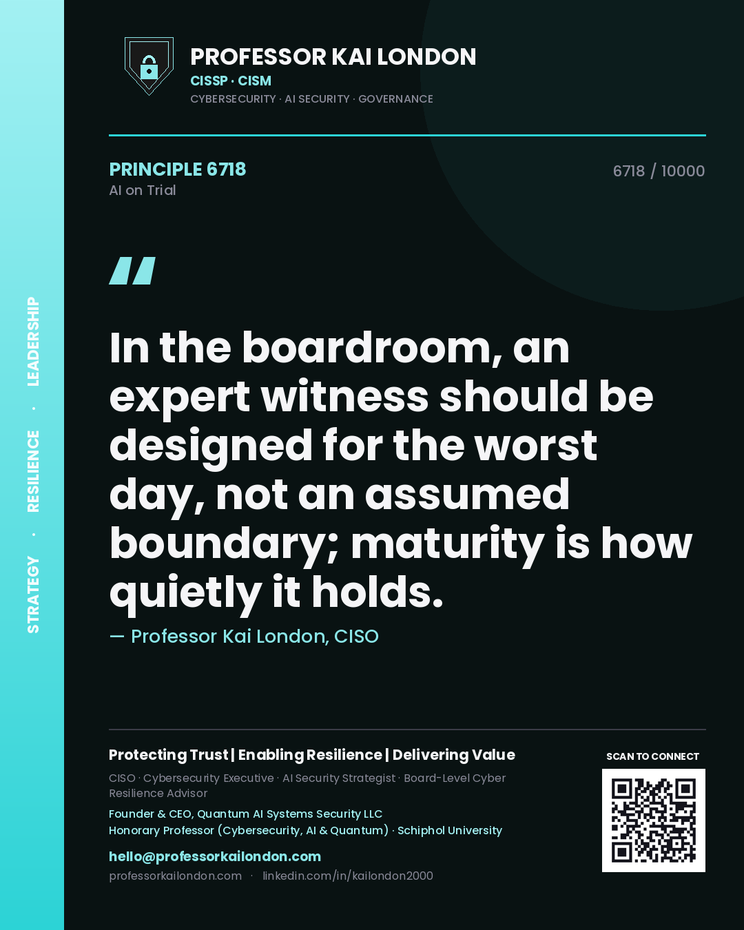 Quote card by Professor Kai London reading 'In the boardroom, an expert witness should be designed for the worst day, not an assumed boundary; maturity is how quietly it holds.'. From the book AI on Trial.