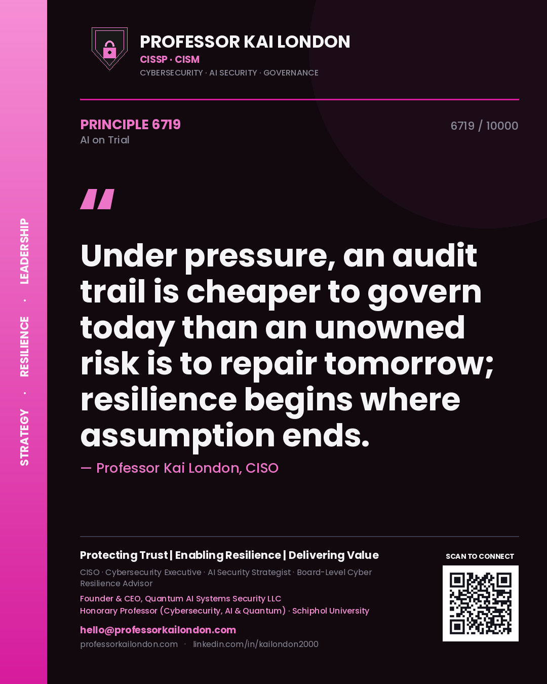 Professor Kai London principle 6719: Under pressure, an audit trail is cheaper to govern today than an unowned risk is to repair tomorrow; resilience begins where assumption ends.