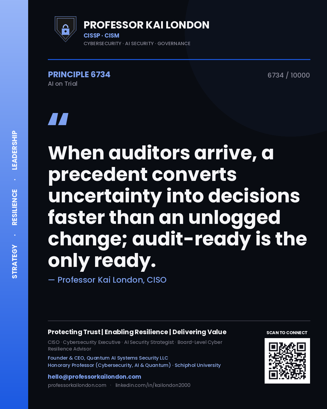 Professor Kai London principle 6734: When auditors arrive, a precedent converts uncertainty into decisions faster than an unlogged change; audit-ready is the only ready.