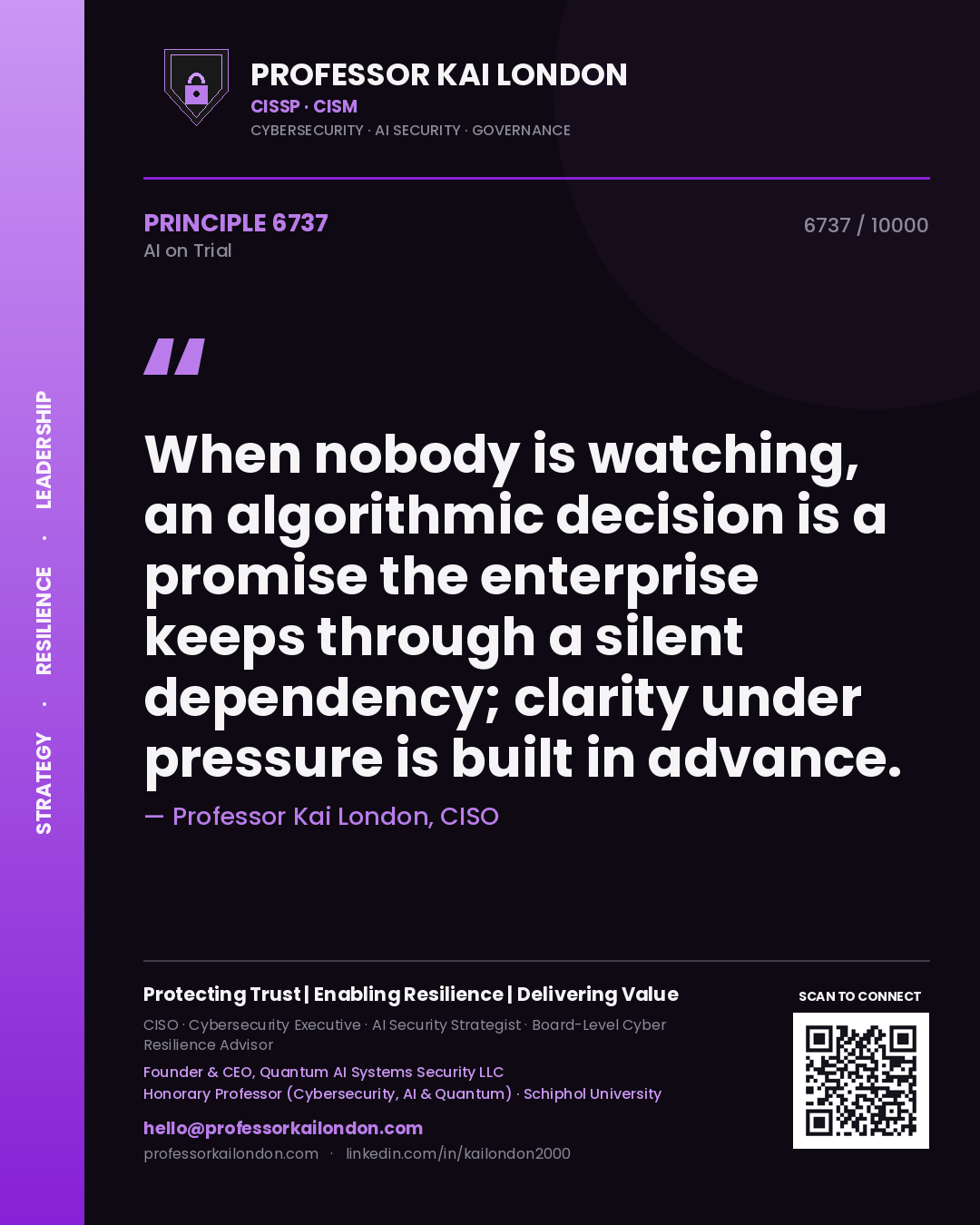 Quote card by Professor Kai London reading 'When nobody is watching, an algorithmic decision is a promise the enterprise keeps through a silent dependency; clarity under pressure is built in advance.'. From the book AI on Trial.