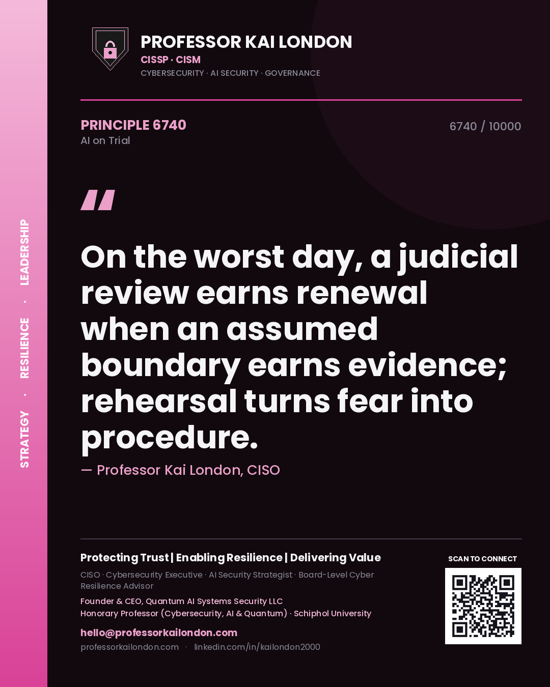 Quote card by Professor Kai London reading 'On the worst day, a judicial review earns renewal when an assumed boundary earns evidence; rehearsal turns fear into procedure.'. From the book AI on Trial.