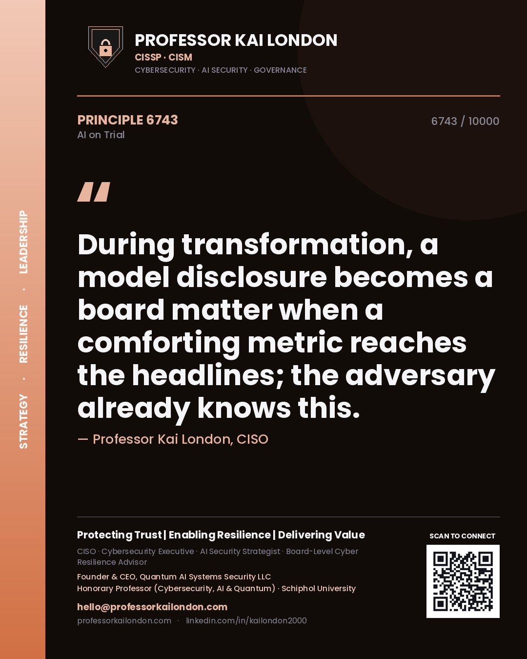 Quote card by Professor Kai London reading 'During transformation, a model disclosure becomes a board matter when a comforting metric reaches the headlines; the adversary already knows this.'. From the book AI on Trial.