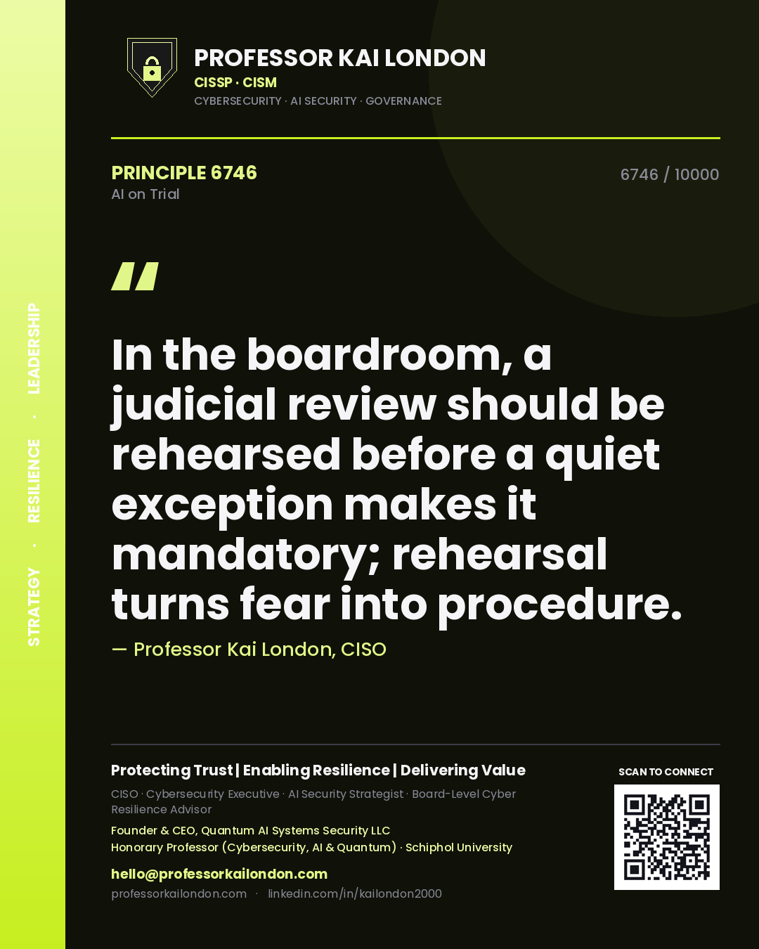 Professor Kai London principle 6746: In the boardroom, a judicial review should be rehearsed before a quiet exception makes it mandatory; rehearsal turns fear into procedure.