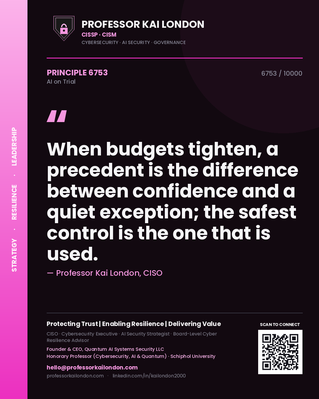 Quote card by Professor Kai London reading 'When budgets tighten, a precedent is the difference between confidence and a quiet exception; the safest control is the one that is used.'. From the book AI on Trial.