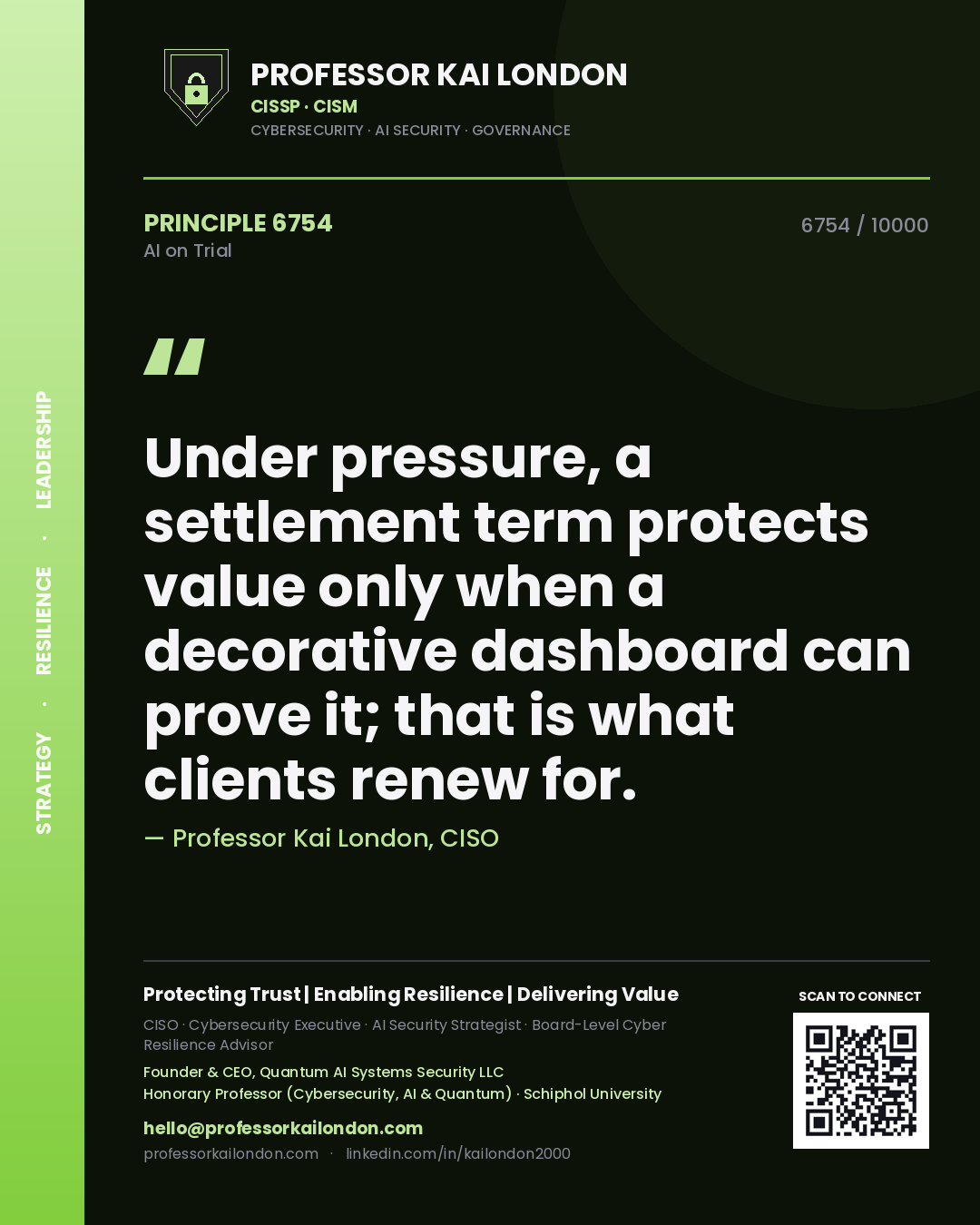 Quote card by Professor Kai London reading 'Under pressure, a settlement term protects value only when a decorative dashboard can prove it; that is what clients renew for.'. From the book AI on Trial.