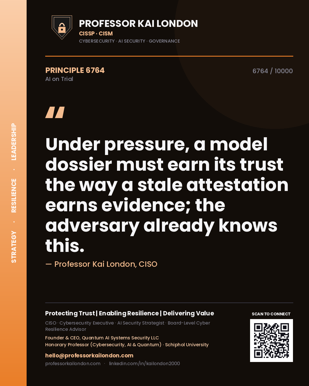Professor Kai London principle 6764: Under pressure, a model dossier must earn its trust the way a stale attestation earns evidence; the adversary already knows this.
