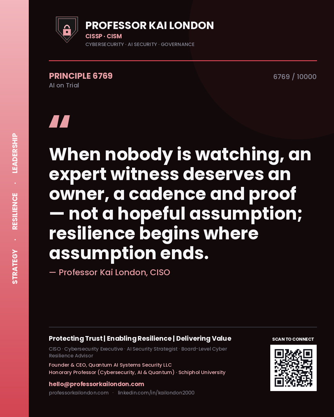 Quote card by Professor Kai London reading 'When nobody is watching, an expert witness deserves an owner, a cadence and proof — not a hopeful assumption; resilience begins where assumption ends.'. From the book AI on Trial.
