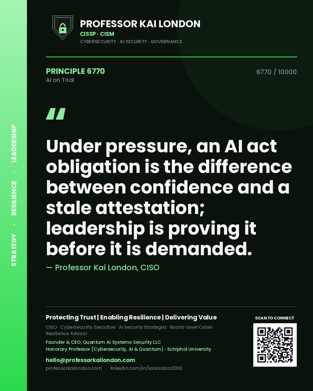 Quote card by Professor Kai London reading 'Under pressure, an AI act obligation is the difference between confidence and a stale attestation; leadership is proving it before it is demanded.'. From the book AI on Trial.