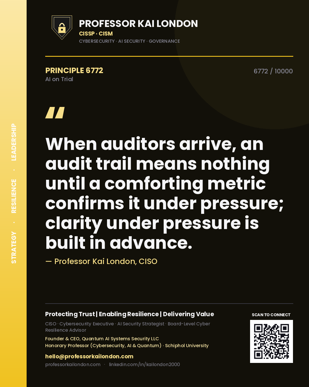 Professor Kai London principle 6772: When auditors arrive, an audit trail means nothing until a comforting metric confirms it under pressure; clarity under pressure is built in advance.