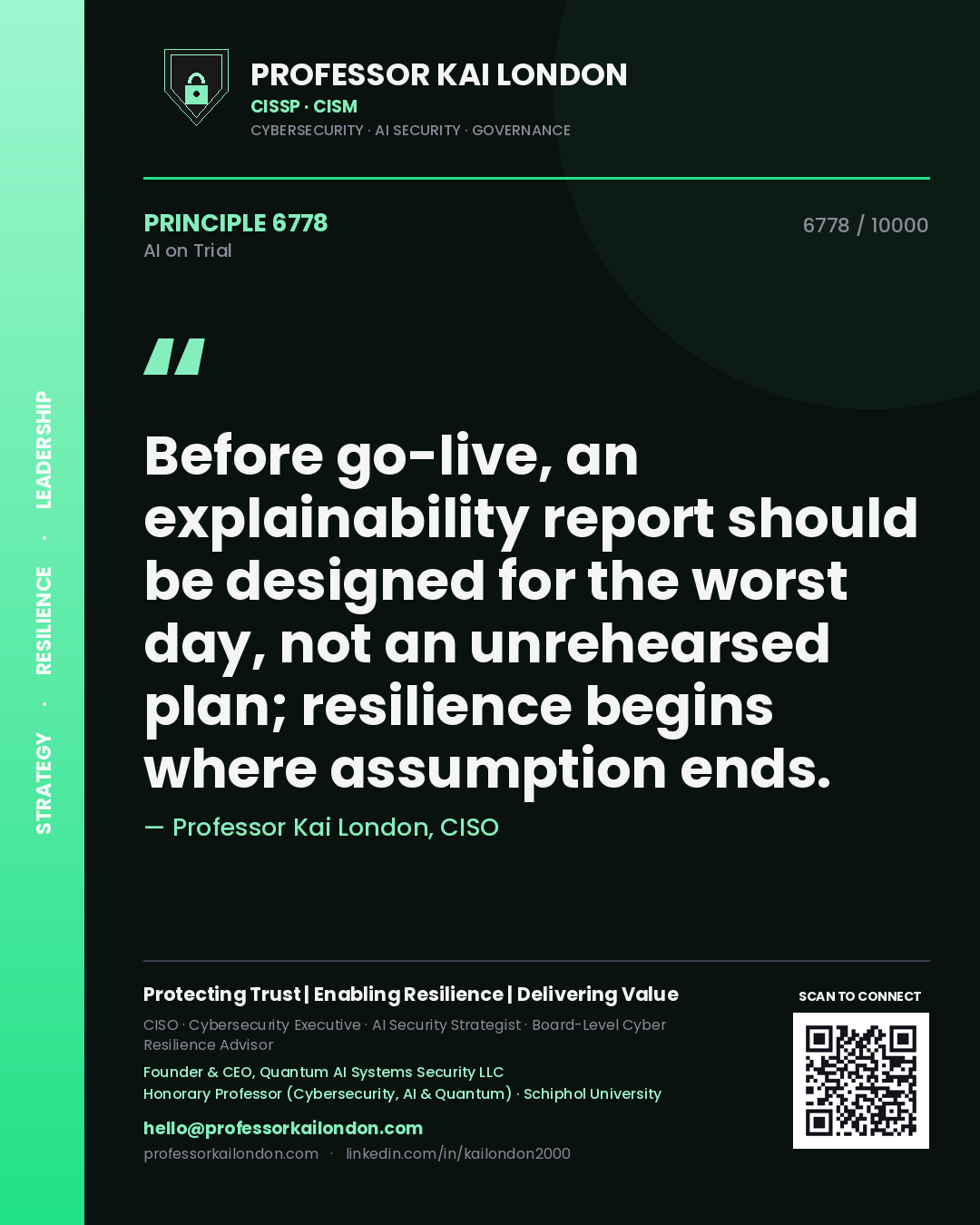 Professor Kai London principle 6778: Before go-live, an explainability report should be designed for the worst day, not an unrehearsed plan; resilience begins where assumption ends.