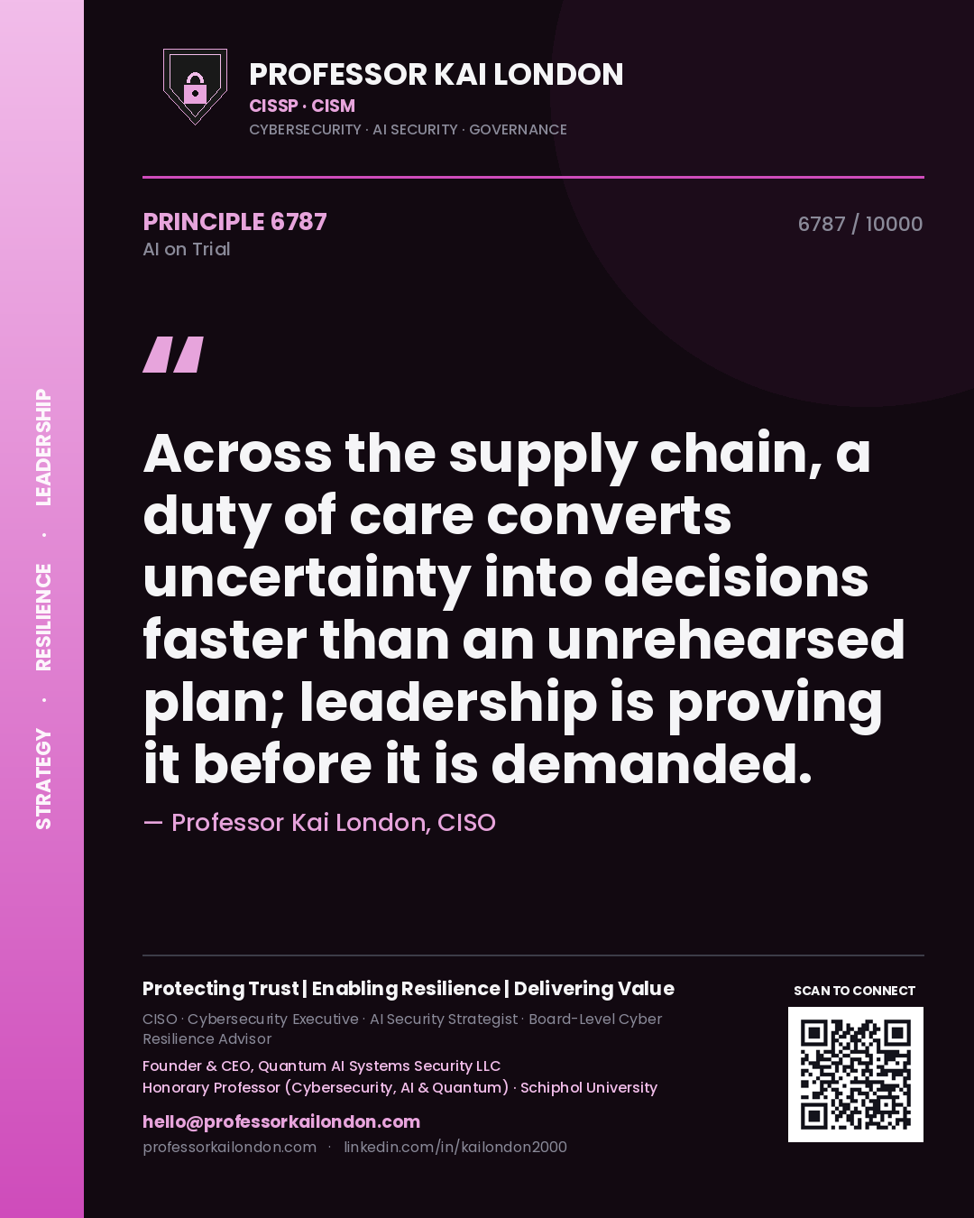 Professor Kai London principle 6787: Across the supply chain, a duty of care converts uncertainty into decisions faster than an unrehearsed plan; leadership is proving it before it is demanded.
