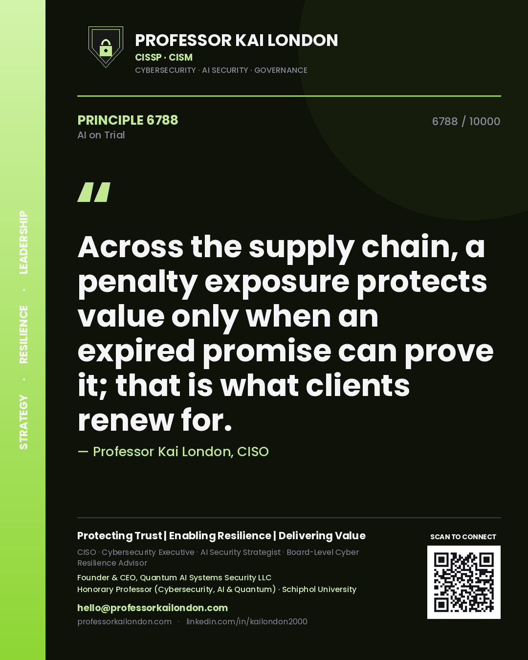 Quote card by Professor Kai London reading 'Across the supply chain, a penalty exposure protects value only when an expired promise can prove it; that is what clients renew for.'. From the book AI on Trial.