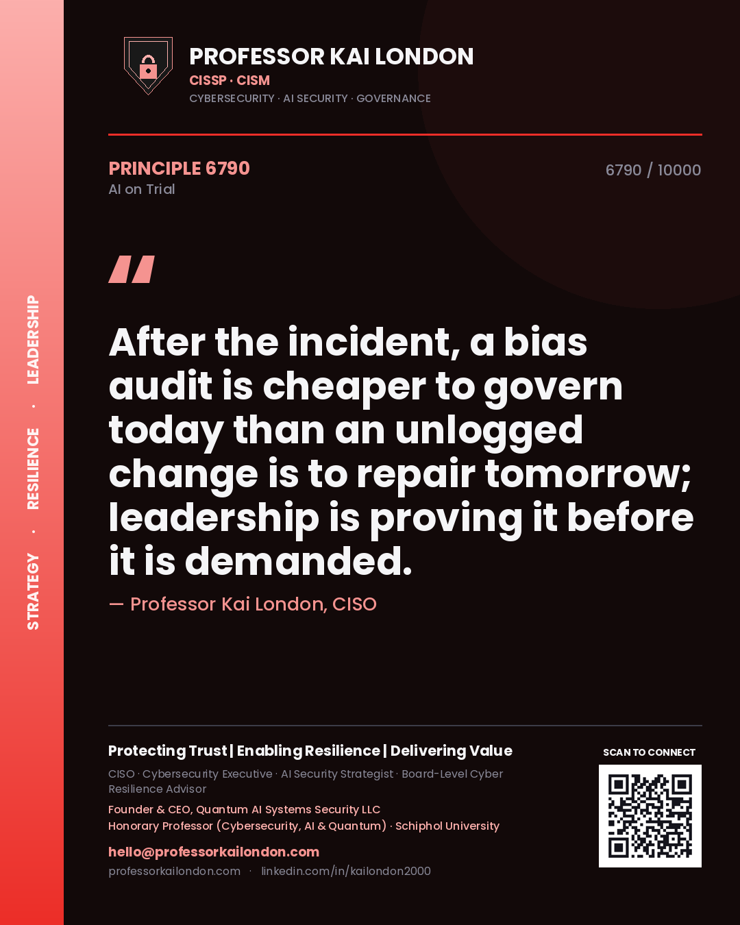 Professor Kai London principle 6790: After the incident, a bias audit is cheaper to govern today than an unlogged change is to repair tomorrow; leadership is proving it before it is demanded.
