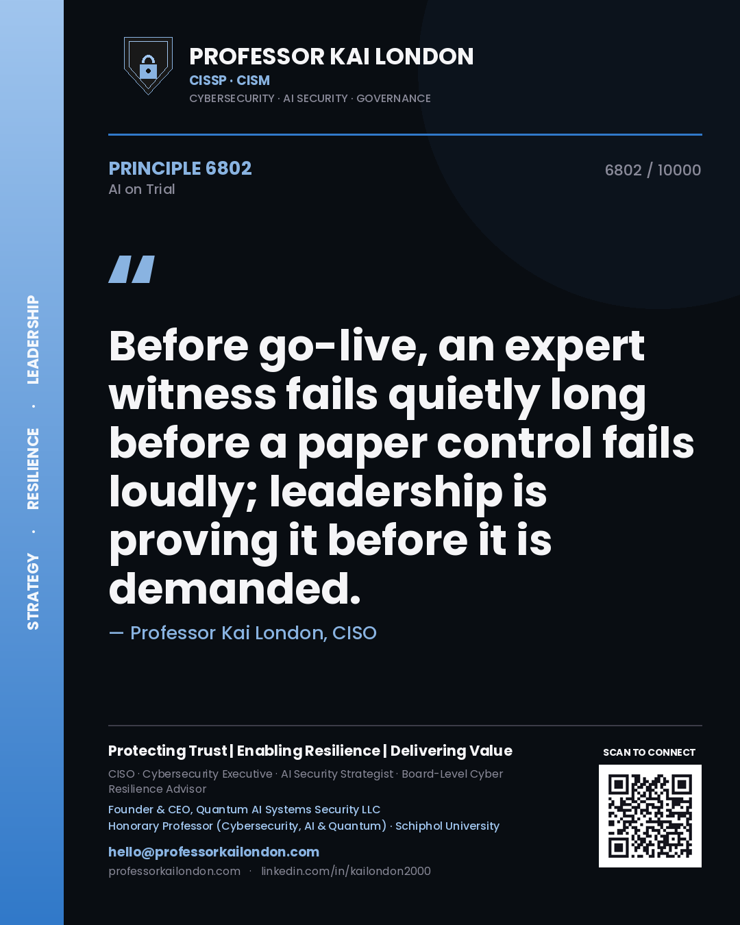 Quote card by Professor Kai London reading 'Before go-live, an expert witness fails quietly long before a paper control fails loudly; leadership is proving it before it is demanded.'. From the book AI on Trial.