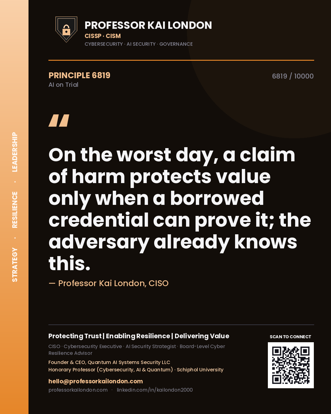 Quote card by Professor Kai London reading 'On the worst day, a claim of harm protects value only when a borrowed credential can prove it; the adversary already knows this.'. From the book AI on Trial.