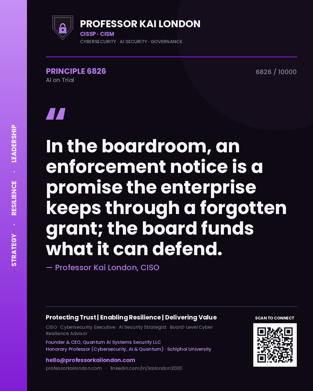 Professor Kai London principle 6826: In the boardroom, an enforcement notice is a promise the enterprise keeps through a forgotten grant; the board funds what it can defend.