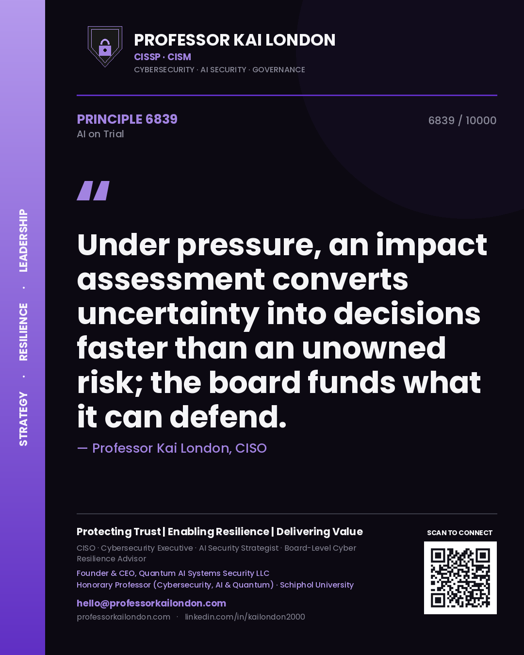 Quote card by Professor Kai London reading 'Under pressure, an impact assessment converts uncertainty into decisions faster than an unowned risk; the board funds what it can defend.'. From the book AI on Trial.