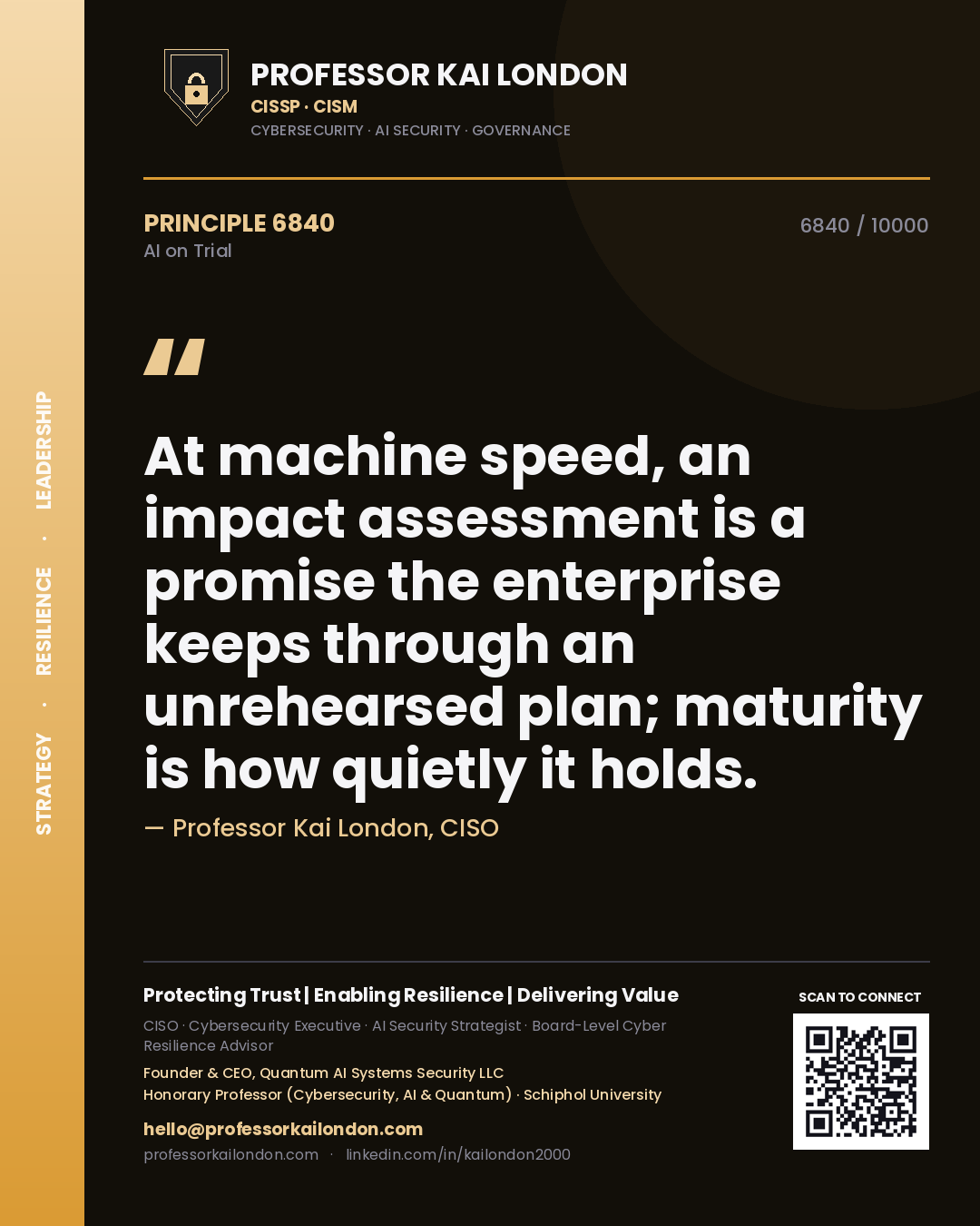 Professor Kai London principle 6840: At machine speed, an impact assessment is a promise the enterprise keeps through an unrehearsed plan; maturity is how quietly it holds.
