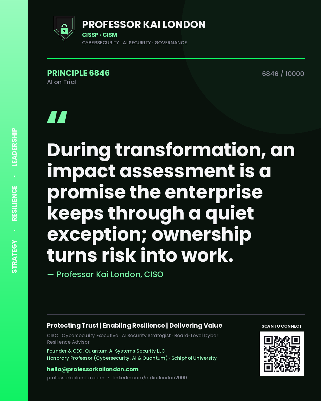 Professor Kai London principle 6846: During transformation, an impact assessment is a promise the enterprise keeps through a quiet exception; ownership turns risk into work.