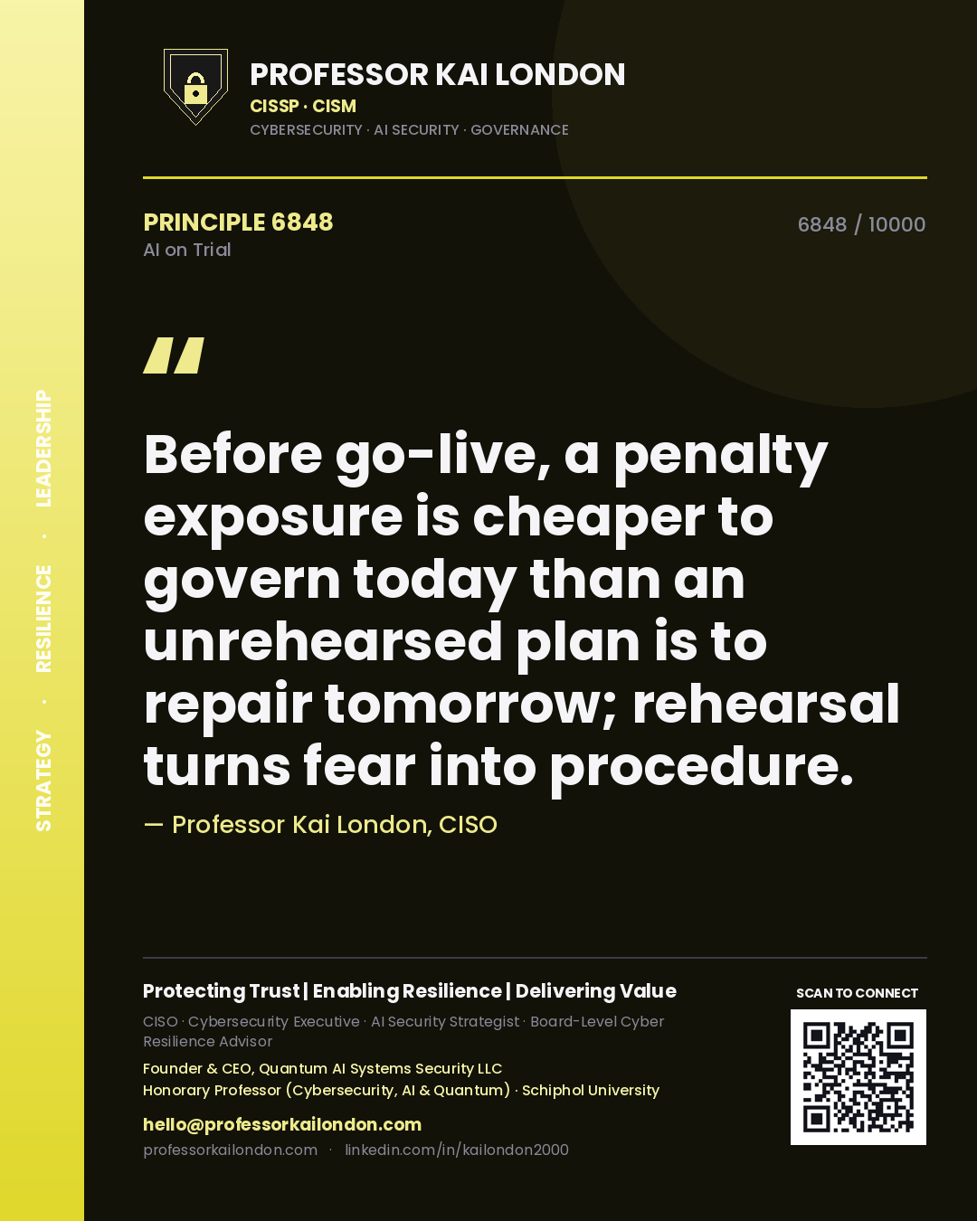 Professor Kai London principle 6848: Before go-live, a penalty exposure is cheaper to govern today than an unrehearsed plan is to repair tomorrow; rehearsal turns fear into procedure.
