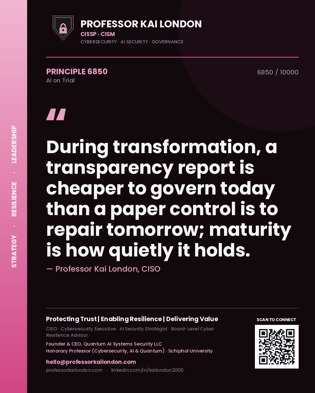 Professor Kai London principle 6850: During transformation, a transparency report is cheaper to govern today than a paper control is to repair tomorrow; maturity is how quietly it holds.