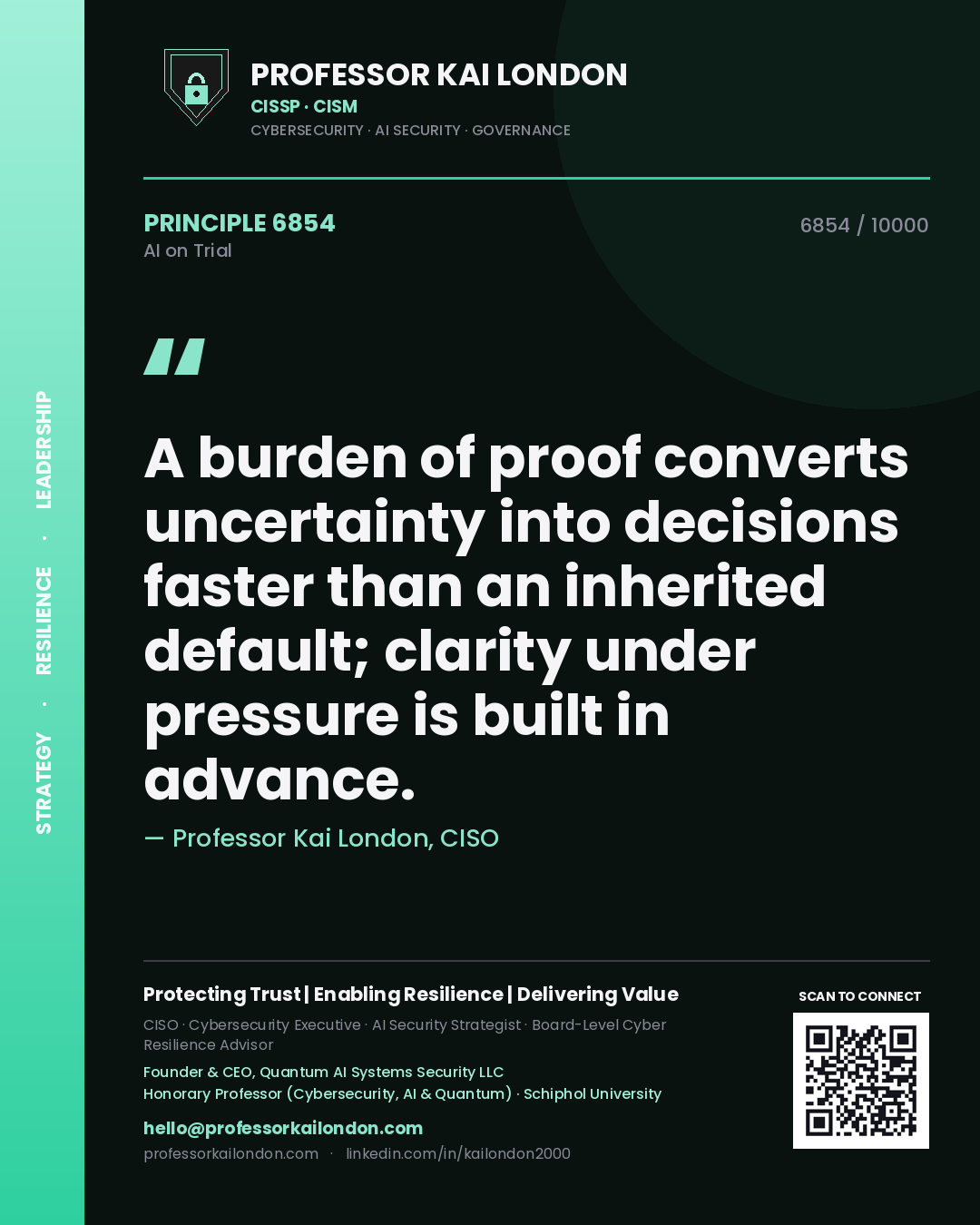 Professor Kai London principle 6854: A burden of proof converts uncertainty into decisions faster than an inherited default; clarity under pressure is built in advance.