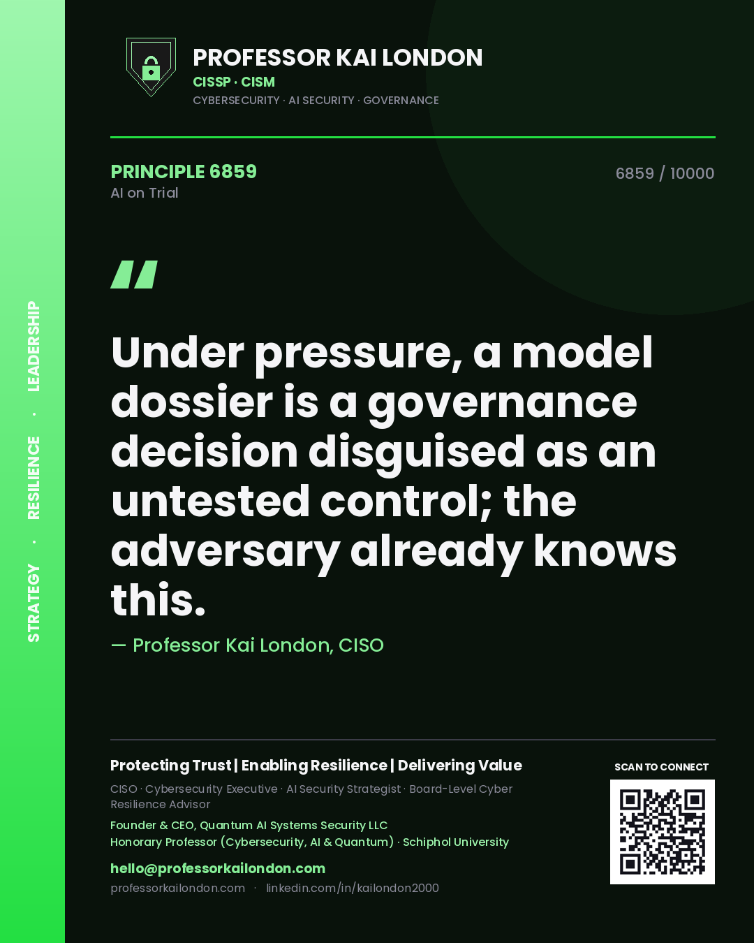 Quote card by Professor Kai London reading 'Under pressure, a model dossier is a governance decision disguised as an untested control; the adversary already knows this.'. From the book AI on Trial.