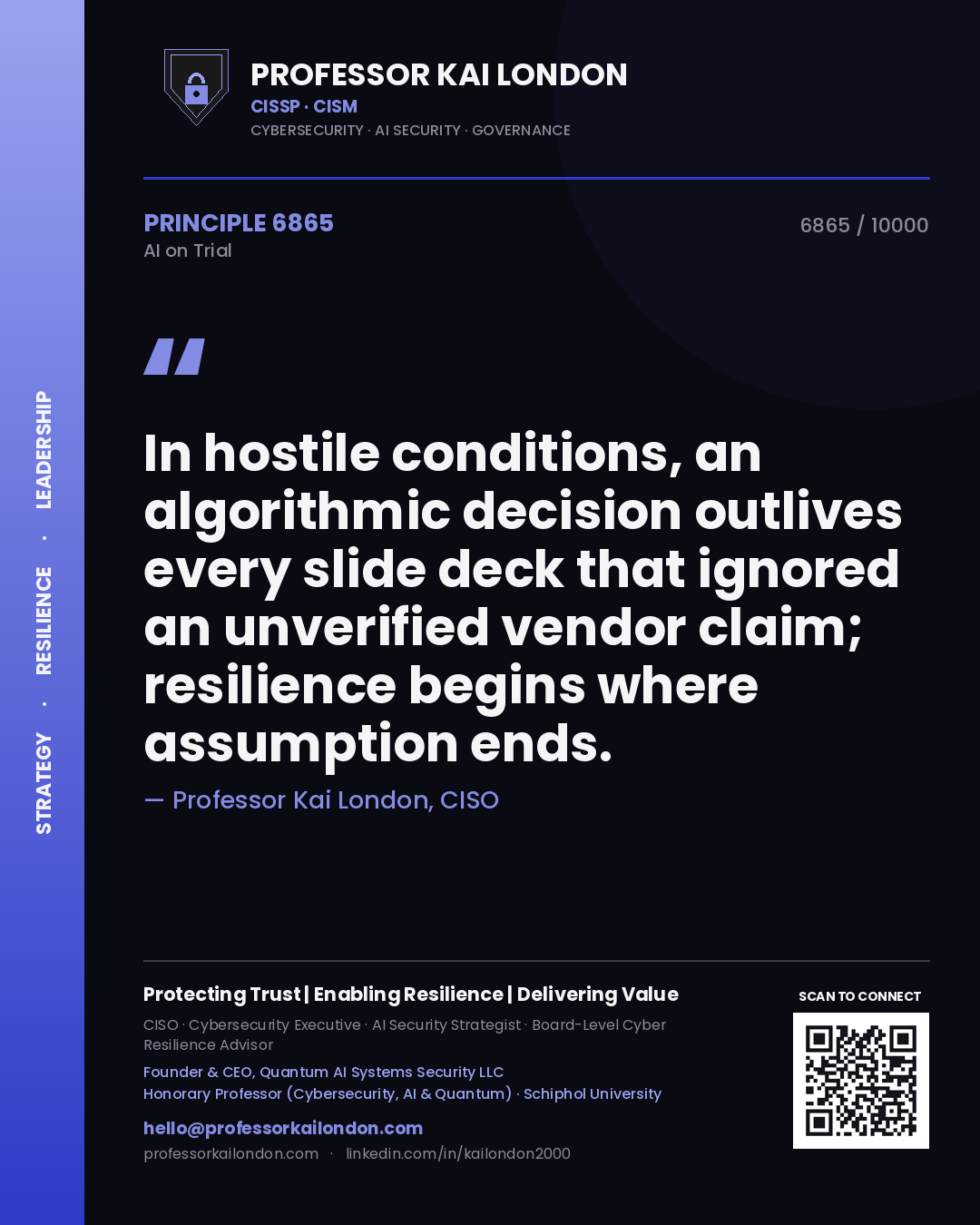 Professor Kai London principle 6865: In hostile conditions, an algorithmic decision outlives every slide deck that ignored an unverified vendor claim; resilience begins where assumption ends.