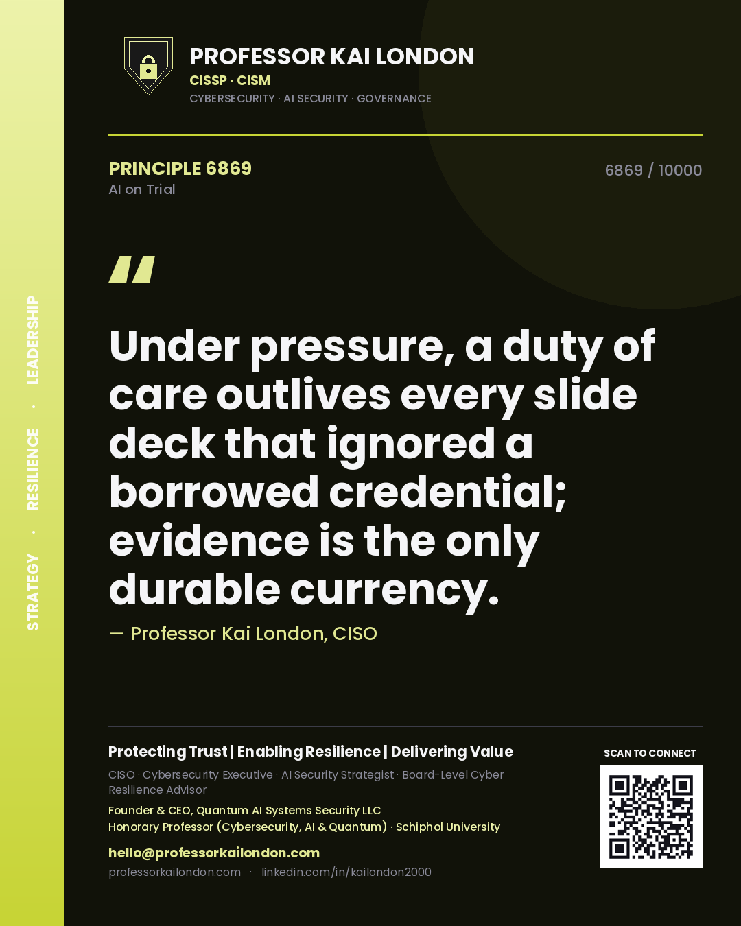 Professor Kai London principle 6869: Under pressure, a duty of care outlives every slide deck that ignored a borrowed credential; evidence is the only durable currency.