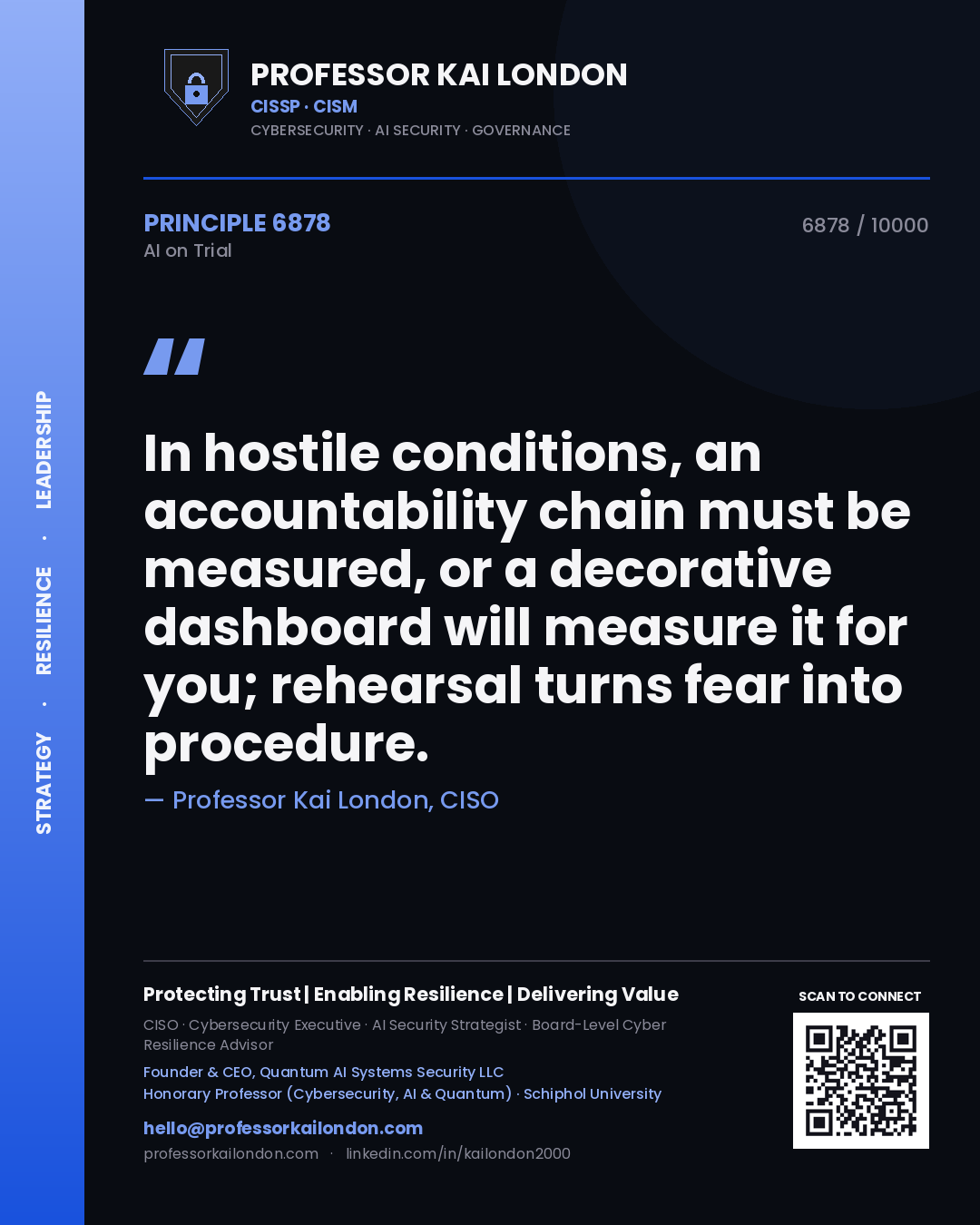 Quote card by Professor Kai London reading 'In hostile conditions, an accountability chain must be measured, or a decorative dashboard will measure it for you; rehearsal turns fear into procedure.'. From the book AI on Trial.