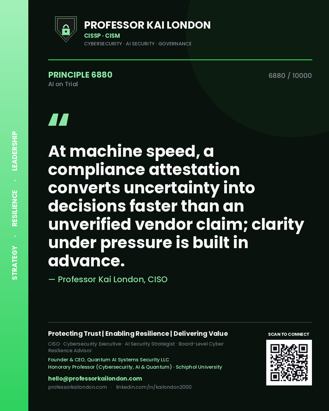 Quote card by Professor Kai London reading 'At machine speed, a compliance attestation converts uncertainty into decisions faster than an unverified vendor claim; clarity under pressure is built in advance.'. From the book AI on Trial.