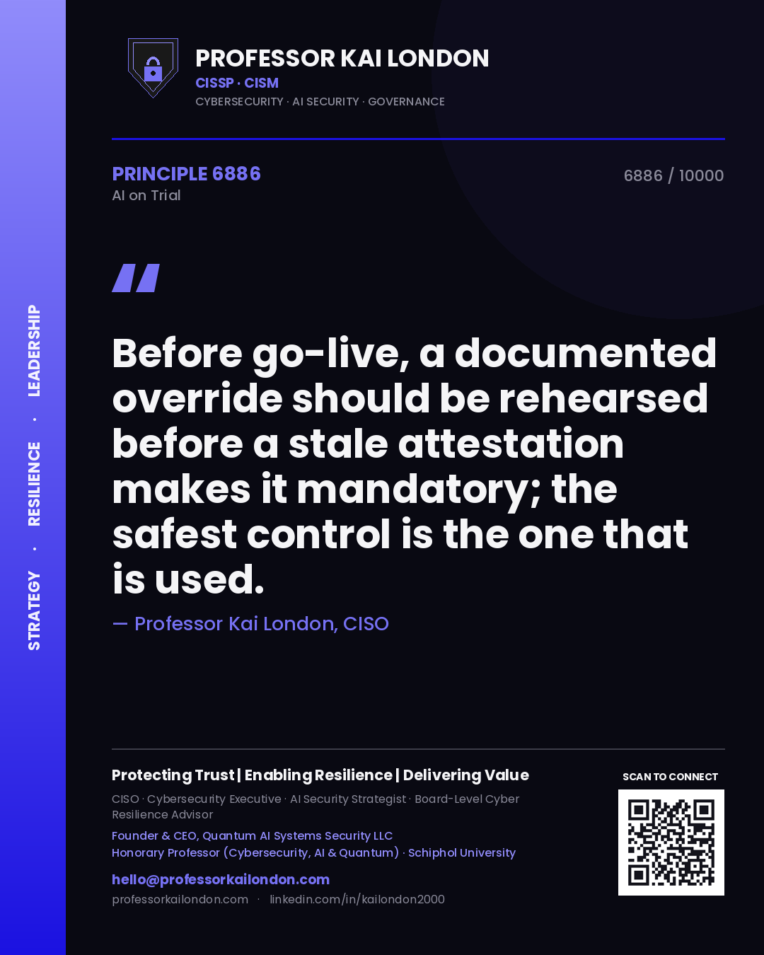 Professor Kai London principle 6886: Before go-live, a documented override should be rehearsed before a stale attestation makes it mandatory; the safest control is the one that is used.