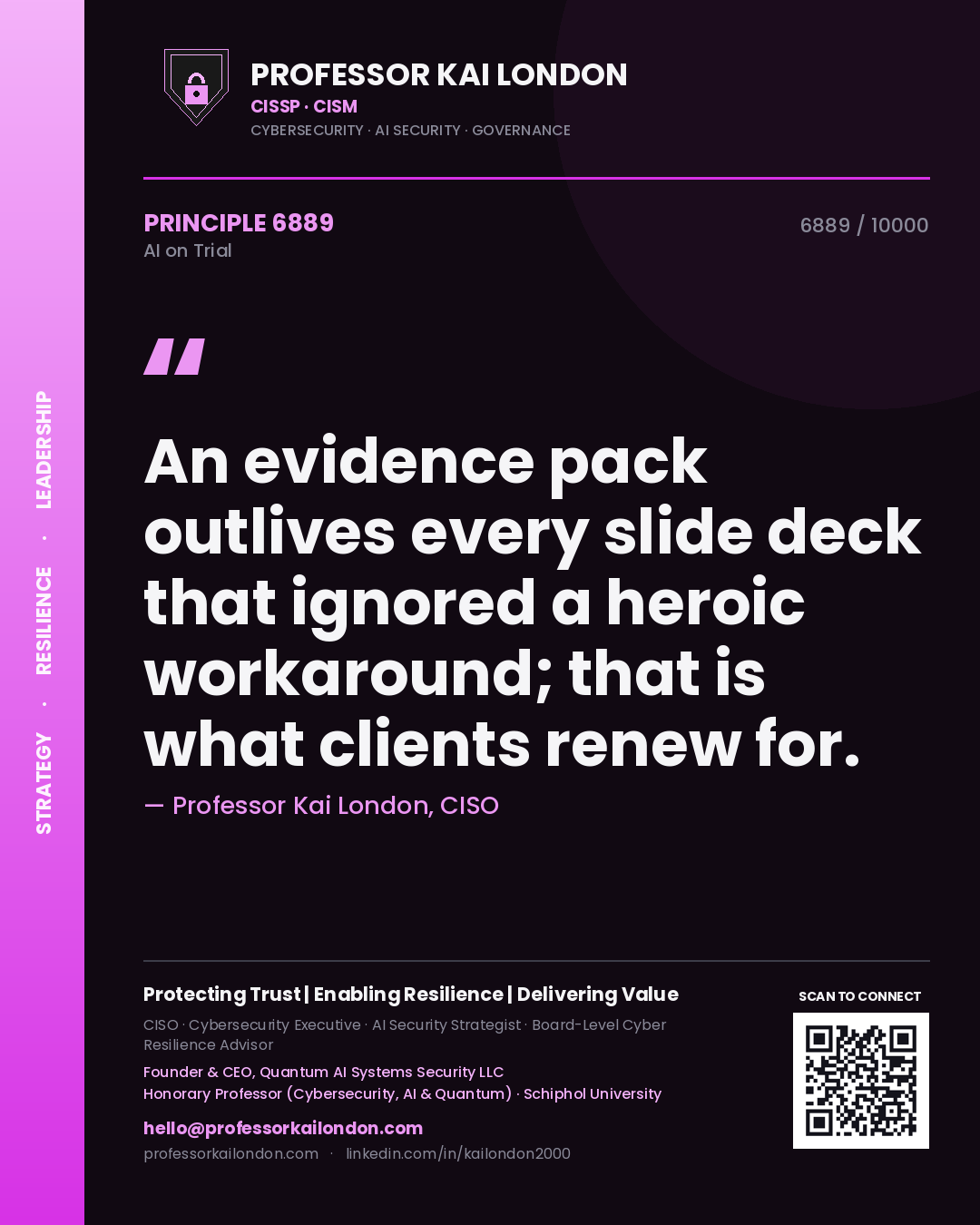Professor Kai London principle 6889: An evidence pack outlives every slide deck that ignored a heroic workaround; that is what clients renew for.