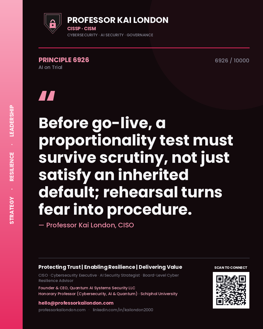 Quote card by Professor Kai London reading 'Before go-live, a proportionality test must survive scrutiny, not just satisfy an inherited default; rehearsal turns fear into procedure.'. From the book AI on Trial.