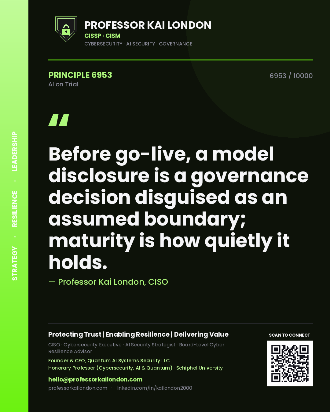 Quote card by Professor Kai London reading 'Before go-live, a model disclosure is a governance decision disguised as an assumed boundary; maturity is how quietly it holds.'. From the book AI on Trial.