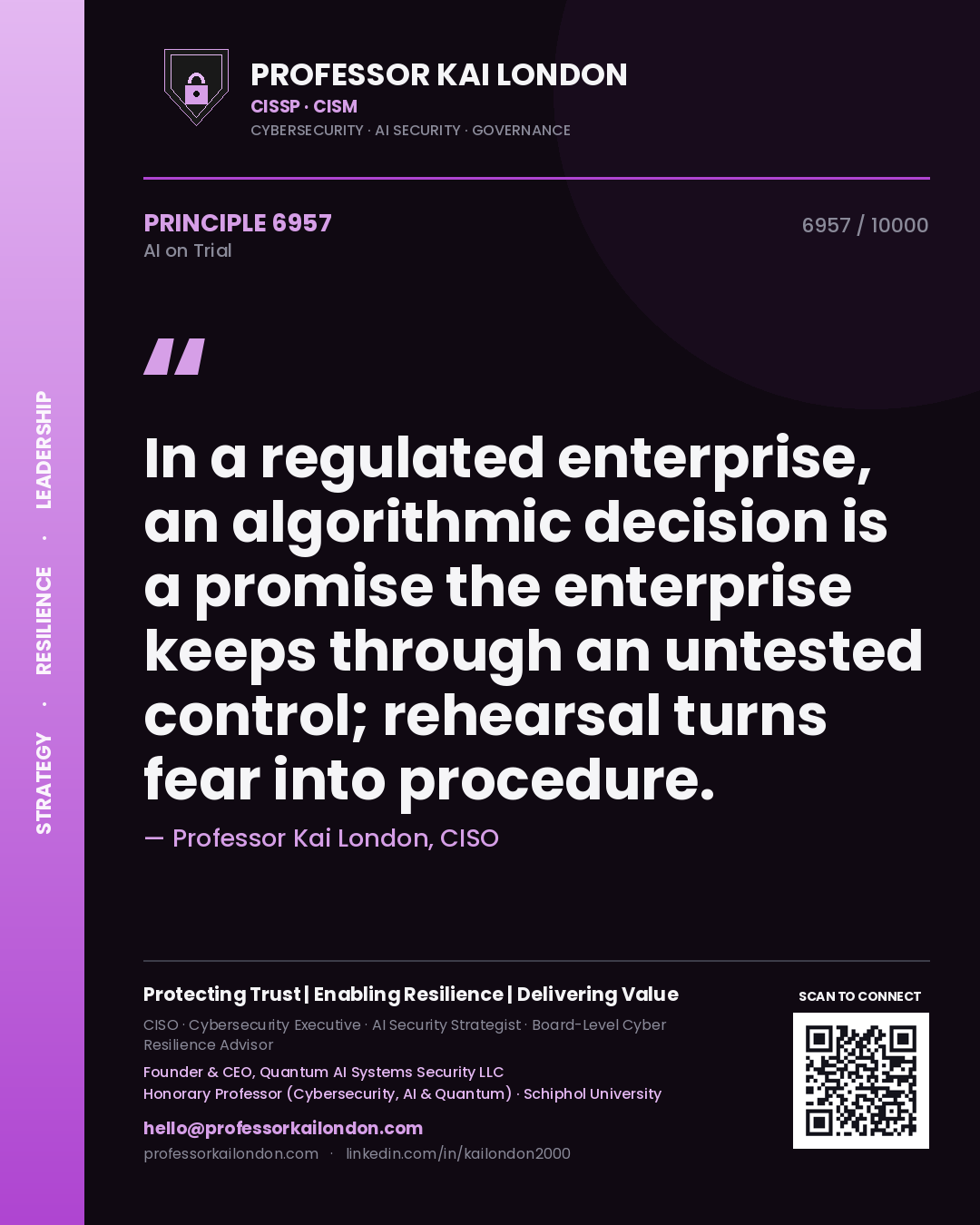 Quote card by Professor Kai London reading 'In a regulated enterprise, an algorithmic decision is a promise the enterprise keeps through an untested control; rehearsal turns fear into procedure.'. From the book AI on Trial.