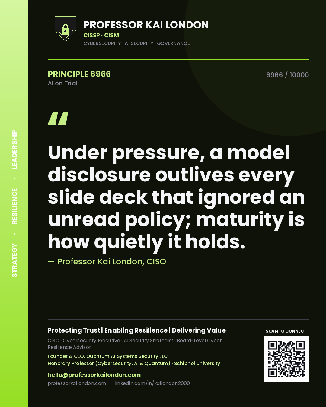 Quote card by Professor Kai London reading 'Under pressure, a model disclosure outlives every slide deck that ignored an unread policy; maturity is how quietly it holds.'. From the book AI on Trial.