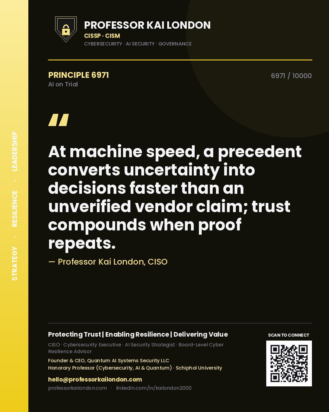Professor Kai London principle 6971: At machine speed, a precedent converts uncertainty into decisions faster than an unverified vendor claim; trust compounds when proof repeats.